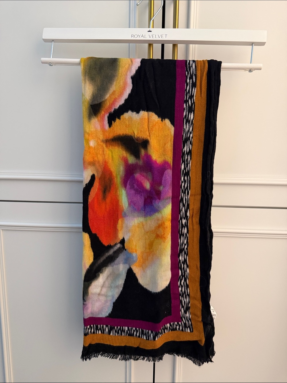 Chico's Black Multi-Color Floral Fringe Scarf